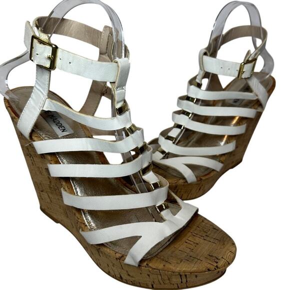 Steve Madden Size 10 White Cork Wedge Sandals Ankle Strappy Casual Vacation - Picture 1 of 8